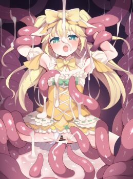 1girl bar_censor blonde_hair blush bow breasts censored commentary commission cum cum_in_pussy dress fujisawa_yuzu hair_ornament highres karaage3 long_hair ongeki open_mouth panties restrained skeb_commission sleeveless solo spread_legs tentacle_sex tentacles thighhighs underwear vaginal