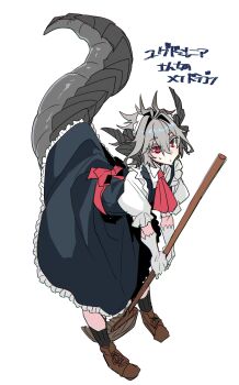 alternate_costume antenna_hair black_socks brown_shoes commentary_request dragon_boy dragon_horns dress enmaided fate/apocrypha fate_(series) frilled_dress frills full_body gloves grey_hair hair_between_eyes hair_intakes haoro highres holding holding_mop horns maid male_focus messy_hair mop red_eyes shoes short_hair sieg_(fate) simple_background socks sweatdrop thick_tail white_background white_gloves