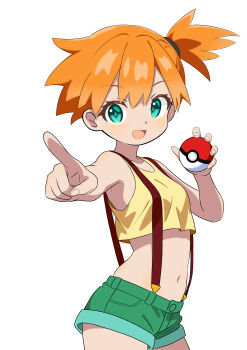 Rule 34 | 1girl, :d, absurdres, commentary request, cropped shirt, eyelashes, green eyes, green shorts, highres, holding, holding poke ball, looking at viewer, misty (pokemon), navel, nintendo, open mouth, orange hair, pointing, poke ball, poke ball (basic), pokemon, pokemon (anime), pokemon (classic anime), shirt, short shorts, shorts, simple background, sleeveless, sleeveless shirt, smile, solo, soramame (mvfn8342), suspenders, white background, yellow shirt