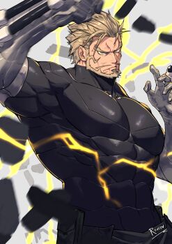 1boy absurdres bara blonde_facial_hair blonde_hair cheekbones commentary cowboy_shot electricity facial_hair frown hashtag-only_commentary highres kaijuu_no._8 large_pectorals looking_at_viewer male_focus mature_male muscular muscular_male pants pectorals rovrov serious shinomiya_isao short_hair solo spiked_hair thick_arms thick_eyebrows v-taper wrinkled_skin yellow_eyes