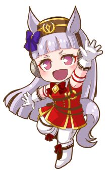 1girl animal_ears armband blunt_bangs blush boots bow bowtie breasts brown_hat chibi chibi_only commentary_request dated_commentary dress ear_bow ear_ribbon gloves gold_ship_(red_strife)_(umamusume) gold_ship_(umamusume) grey_hair hat highres horse_ears horse_girl horse_tail long_hair looking_at_viewer open_mouth otono_(bkt4b) pantyhose pillbox_hat purple_eyes red_bow red_bowtie red_dress simple_background sleeveless sleeveless_dress smile solo striped_armband striped_clothes tail umamusume white_background white_boots white_gloves white_pantyhose