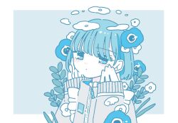 Rule 34 | 1girl, anemone (flower), apron, blue eyes, blue flower, blue hair, bob cut, choppy bangs, closed mouth, dot mouth, flower, grey jacket, halo, hands on own cheeks, hands on own face, highres, jacket, jersey maid, jitome, long bangs, long sleeves, looking at viewer, maid, original, plant, short hair, sleeve cuffs, sleeves past wrists, solo, sskitaco, unconventional maid, white apron