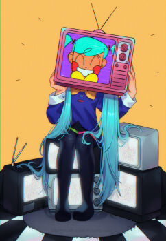 1girl aqua_hair black_boots black_skirt blue_shirt blush_stickers boots closed_eyes commentary crt csyko_(csyk00) facing_viewer faux_retro_artstyle full_body grin hatsune_miku highres holding long_hair long_sleeves rug shirt sitting skirt smile solo static static_(vocaloid) symbol-only_commentary television thigh_boots twintails very_long_hair vocaloid yellow_background
