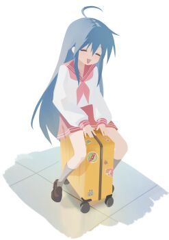 1girl :3 :d ahoge blue_hair character_sticker closed_eyes highres izumi_konata jessmka7 kogami_akira loafers lucky_star mole mole_under_eye neckerchief open_mouth pink_neckerchief rolling_suitcase ryouou_school_uniform school_uniform serafuku shoes sitting sitting_on_object smile solo sticker suitcase white_background