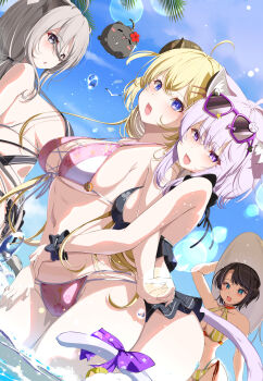4girls absurdres ahoge animal_ears bikini bird black_bikini blonde_hair blue_eyes blue_sky blush breasts cat_ears cat_girl cat_tail cleavage cloud eyewear_on_head frilled_bikini frills grey_eyes grey_hair hair_ornament hairpin highres hiro_(phese) hololive horns hug hug_from_behind large_breasts lion_ears long_hair looking_at_viewer medium_hair multiple_girls nekomata_okayu oozora_subaru open_mouth palm_tree pink_bikini purple_eyes purple_hair seagull sheep_ears sheep_girl sheep_horns shishiro_botan sky smile ssrb_(shishiro_botan) sunglasses swimsuit tail tree tsunomaki_watame very_long_hair virtual_youtuber wading water yellow_bikini