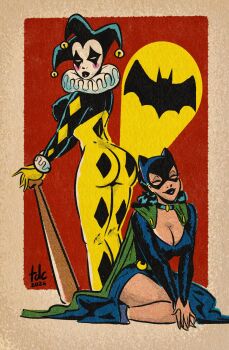 2girls alternate_color animal_ears artist_name ass baseball_bat bat_signal batman:_caped_crusader batman_(series) bell black_lips black_mask blue_dress bodysuit breasts cape cat_ears catwoman catwoman_(batman:_caped_crusader) choker cleavage closed_eyes closed_mouth clown_girl covered_erect_nipples dated dc_comics dress fake_animal_ears green_cape harley_quinn harley_quinn_(batman:_caped_crusader) hat highres jester_cap jingle_bell large_breasts lips lipstick long_dress makeup mask multiple_girls neck neck_ruff selina_kyle side_slit sitting skin_tight standing thedarkcartoon wariza
