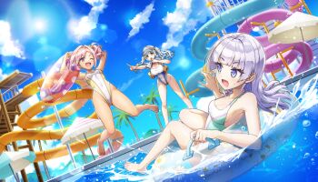 3girls :o barefoot blowing_whistle blue_eyes breasts competition_swimsuit cropped_jacket dark-skinned_female dark_skin day dolphin_wave game_cg grey_hair highleg highleg_one-piece_swimsuit highres hime_cut innertube jacket jumping large_breasts long_hair medium_hair multiple_girls nagato_mei non-web_source official_art one-piece_swimsuit one_eye_closed ootomo_takuji open_mouth palm_tree pink_eyes pink_hair pointing pool poolside purple_hair schnee_weissberg slide small_breasts smile splashing sunlight swim_ring swimsuit tree twintails umbrella urami_kana visor_cap water_slide waterpark wavy_hair