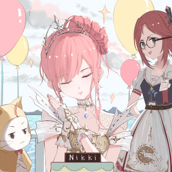 2girls :3 ahoge animal armor badge balloon belt birthday_cake black-framed_eyewear black_belt black_vest bow bowtie breastplate brown_eyes cake cat chair character_name chinese_commentary cloak closed_eyes closed_mouth clothed_animal cloud collar collarbone commentary_request cowboy_shot crossed_arms day detached_collar dot_nose dress ear_covers eyelashes fingernails food freckles frilled_arm_warmers frilled_dress frills glasses gold_tiara green_eyes hair_bun hair_ornament hair_rings highres hood hood_up hooded_cloak infinity_nikki lace_collar lipstick looking_at_another makeup medium_dress melody_bloom_(infinity_nikki) momo_(nikki) mountainous_horizon multiple_girls nikki_(nikki) nikki_(series) nonoy_(infinity_nikki) ocean off-shoulder_dress off_shoulder on_chair open_mouth origami outdoors own_hands_together paper paper_crane pink_hair pink_lips print_dress puffy_short_sleeves puffy_sleeves railing red_bow red_bowtie red_hair round_eyewear sailor_collar short_hair_with_long_locks short_sleeves sidelocks single_hair_ring single_side_bun sitting sky smile so_ni_ni sparkle standing updo upper_body vest wavy_hair whiskers white_arm_warmers white_cat white_collar white_dress white_sailor_collar white_sky yellow_cloak