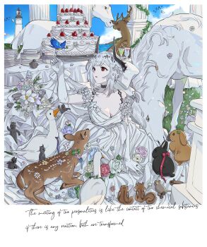 1girl absurdres alternate_costume animal architecture arknights arm_up bare_shoulders bird bird_on_hand black_choker black_horns bluebird border bow breasts cake chipmunk choker cleavage cloud cloudy_sky collarbone commentary cup deer dress drinking_glass dugen elbow_gloves english_text flower flower_ornament food gloves goose greco-roman_architecture hair_bow hair_flower hair_ornament haniwa_(statue) hashtag-only_commentary highres horns horse infection_monitor_(arknights) jewelry large_bow large_breasts layer_cake lighthouse long_dress looking_at_animal looking_to_the_side mudrock_(arknights) nape_braid on_grass outdoors parted_lips plant plate pointy_ears rabbit red_eyes ring sidelocks sitting sky sleeveless sleeveless_dress solo squirrel tablecloth too_many vines wedding_dress wedding_ring white_border white_bow white_dress white_flower white_gloves