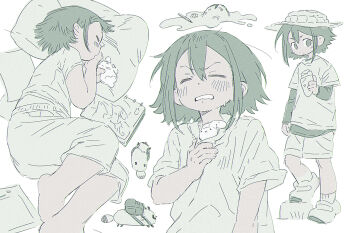 1girl asakusa_midori backpack bag boonie_hat closed_eyes commentary eizouken_ni_wa_te_wo_dasu_na! goblet_42 highres pillow raccoon short_hair sketchbook sleeping stuffed_animal stuffed_rabbit stuffed_toy