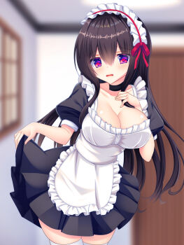 1girl absurdres apron black_choker black_dress black_hair blurry blurry_background breasts ceiling choker cleavage clothes_lift commentary_request door dress dress_lift embarrassed hair_between_eyes highres indoors large_breasts long_hair looking_at_viewer maid maid_apron maid_headdress open_mouth original purple_eyes shitou_kazuaki solo standing thighhighs variant_set very_long_hair wavy_mouth white_apron white_thighhighs window