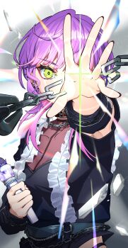 1girl absurdres belt black_dress broken broken_chain chain commentary dress english_commentary frills gashino green_eyes highres holding hololive long_hair looking_at_viewer midriff nail_polish official_alternate_costume one_eye_covered purple_hair simple_background solo tokoyami_towa virtual_youtuber
