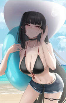 1girl absurdres alternate_costume beach bikini black_bikini black_choker black_hair blue_archive blue_shorts blue_sky blush breasts choker cleavage collarbone commentary_request day denim denim_shorts front-tie_bikini_top front-tie_top hair_ornament hairclip hat highres holding holding_swim_ring innertube large_breasts long_hair looking_at_viewer navel o-ring o-ring_thigh_strap ocean open_clothes open_shorts outdoors red_eyes rio_(blue_archive) short_shorts shorts skindentation sky solo sun_hat swim_ring swimsuit thigh_strap thighs very_long_hair white_hat yamikyon