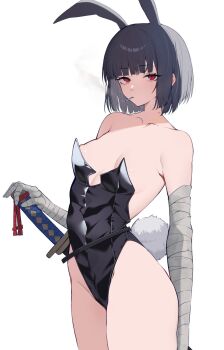 1girl animal_ears bandaged_arm bandages black_hair black_leotard bob_cut breasts chunta commentary_request heishou_pack-mao_branch_(identity)_(project_moon) highleg highleg_leotard highres leotard limbus_company looking_at_viewer ootachi oversized_breast_cup playboy_bunny project_moon rabbit_ears rabbit_tail red_eyes ryoshu_(project_moon) short_hair simple_background small_breasts solo tail white_background