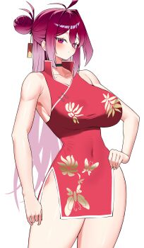 1girl absurdres antenna_hair arm_at_side armpit_crease bare_arms bare_shoulders black_choker blue_archive blush breasts china_dress chinese_clothes choker closed_mouth collarbone commentary covered_navel cowboy_shot dress floral_print hair_between_eyes hair_bun hand_on_own_hip highres large_breasts long_hair looking_ahead mole mole_on_collarbone mole_under_mouth no_halo pelvic_curtain print_dress red_dress red_hair reijo_(blue_archive) sideboob simple_background single_side_bun sleeveless sleeveless_dress solo standing very_long_hair white_background yagjaengi