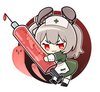 :3 animal_ears apron chibi dress full_body green_dress grey_hair highres holding holding_syringe indie_virtual_youtuber long_hair nimi_nightmare nimi_nightmare_(1st_costume) oversized_object red_eyes shibedraws simple_background syringe virtual_youtuber white_apron white_background