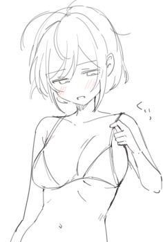 1girl arm_at_side bikini_pull blush breasts clothes_pull grey_hair half-closed_eyes hashtag-only_commentary highres large_breasts original paragasu_(parags112) parted_bangs short_hair simple_background sketch solo tagme upper_body