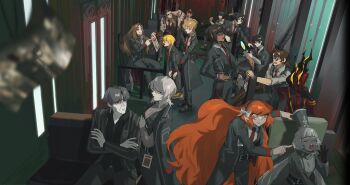 1other 6+boys 6+girls artist_request baseball_bat black_hair blonde_hair blue_eyes brown_hair bus_interior charon_(project_moon) closed_eyes closed_mouth collared_shirt dante_(limbus_company) don_quixote_(project_moon) dress_shirt everyone faust_(project_moon) green_eyes gregor_(project_moon) grey_hair grey_jacket grey_pants grey_vest heathcliff_(project_moon) highres holding holding_mirror hong_lu_(project_moon) ishmael_(project_moon) jacket lance limbus_company long_hair mephistopheles_(project_moon) meursault_(project_moon) mirror multiple_boys multiple_girls necktie non-web_source object_head open_mouth orange_hair outis_(project_moon) pants parted_lips polearm project_moon red_eyes red_necktie rodion_(project_moon) ryoshu_(project_moon) shirt short_hair sinclair_(project_moon) suit_jacket sword vellmori vergilius_(project_moon) very_long_hair very_short_hair vest waistcoat weapon white_hair white_shirt yi_sang_(project_moon)