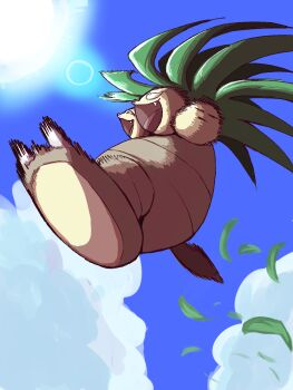 blue_sky cloud commentary_request day exeggutor fangs full_body gen_1_pokemon highres leaf lens_flare midair motion_blur multiple_heads nintendo no_humans open_mouth pokemon pokemon_(creature) pokemon_focus sky smile solo user_hmrm3822