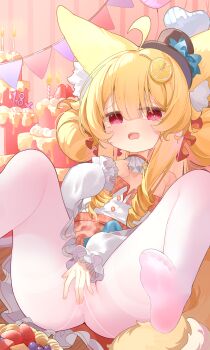 1girl absurdres ahoge animal_ear_fluff animal_ears blonde_hair cake character_age chinese_commentary cleft_of_venus commentary_request crotch_seam food fox_ears fox_girl fox_tail fruit hat highres large_variant_set loli mini_hat ningmeng_jing_jing_jing_jing no_panties no_shoes open_mouth original pantyhose pussy red_eyes solo tail variant_set white_pantyhose