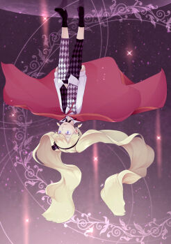 1girl black_ribbon black_shoes blonde_hair blue_eyes cape collared_shirt commentary diamond-shaped_earrings diamond_(shape) earrings english_commentary floating floating_hair full_body grey_hat grey_pants grey_vest hat high_heels highres jewelry ladylee_tangleroad lips long_hair long_sleeves magic_circle mini_hat mini_top_hat navel on_ceiling pants purple_background red_cape ribbon shirt shoes sleeves_past_wrists solo sparkle toaru_majutsu_no_index toaru_majutsu_no_index:_endymion_no_kiseki top_hat twintails upside-down very_long_hair vest vilatile white_shirt zero_gravity