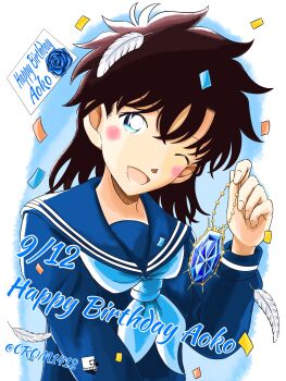 Rule 34 | 1girl, ;d, aqua neckerchief, artist name, black hair, blue eyes, blue flower, blue gem, blue rose, blue sailor collar, blue shirt, blush, character name, commentary request, confetti, crom1412, crossed bangs, feathers, flower, gem, happy birthday, head tilt, highres, holding, holding jewelry, holding necklace, jewelry, long sleeves, looking at viewer, magic kaito, medium hair, nakamori aoko, neckerchief, necklace, one eye closed, open mouth, rose, sailor collar, school uniform, serafuku, shirt, smile, solo, upper body, white feathers