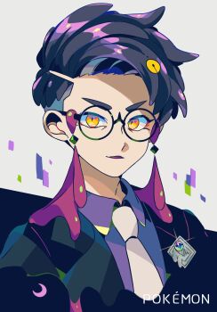 1boy black_hair collared_shirt commentary_request copyright_name corbeau_(pokemon) eyewear_strap glasses highres looking_at_viewer male_focus mizuki_tsukimori necktie nintendo orange_eyes parted_lips pokemon pokemon_legends:_z-a shirt short_hair solo undercut upper_body white_background white_necktie