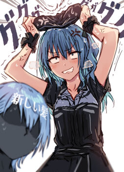 1girl anger_vein beret black_dress black_hat blue_eyes blue_hair blush clenched_teeth commentary dress hat highres hololive hoshimachi_suisei hoshimachi_suisei_(casual) long_hair sanpaku short_sleeves simple_background solo sweat teeth upper_body v-shaped_eyebrows virtual_youtuber white_background wig yukitake_(bullfalk)