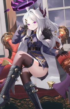 1girl absurdres ahoge black_coat black_gloves black_halo black_skirt black_thighhighs blue_archive blush coat coat_on_shoulders commentary_request demon_girl demon_horns demon_wings gloves halo highres hina_(blue_archive) horns indoors long_hair looking_at_viewer low_wings purple_eyes sitting skirt solo thighhighs user_vcgu8783 white_hair wings