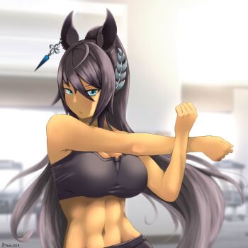 1girl abs animal_ears aqua_eyes arm_up blurry blurry_background breasts brown_hair character_request exercise_machine gym hair_between_eyes hand_up high_ponytail highres horse_ears indoors large_breasts light_blush long_hair looking_at_viewer navel outstretched_arm ponytail solo sports_bra stomach stretching tan tanio_(tanio_0114) toned toned_female umamusume upper_body very_long_hair