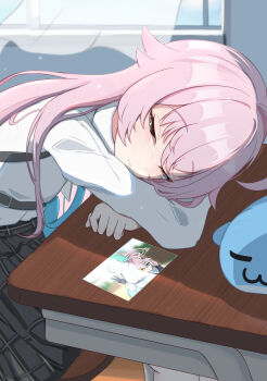 1girl :| absurdres ahoge black_skirt blue_archive blue_eyes blue_necktie blush character_print classroom closed_eyes closed_mouth commentary crossed_arms crying desk facing_viewer hair_between_eyes hair_spread_out heterochromia highres hoshino_(blue_archive) hoshino_(first_year)_(blue_archive) indoors leaning_forward long_hair long_sleeves necktie peppo-mk3 photo_(object) pink_hair plaid_clothes plaid_skirt sad school_desk shirt sidelocks skirt sleeping solo tears v white_shirt yellow_eyes yume_(blue_archive)