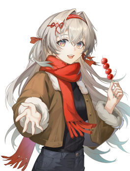 1girl black_shirt brown_jacket chi-aaa commentary_request fingernails firefly_(honkai:_star_rail) food fur-trimmed_jacket fur_trim gradient_hair green_hair green_nails grey_hair hair_between_eyes hair_intakes hairband highres holding holding_food honkai:_star_rail honkai_(series) jacket multicolored_hair nail_polish open_mouth pink_eyes red_hairband red_scarf scarf shirt simple_background smile solo white_background
