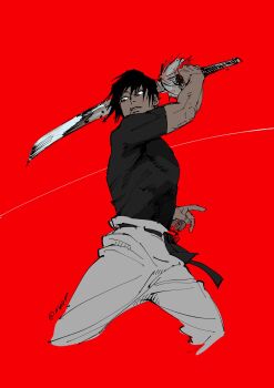 Rule 34 | 1boy, black hair, compression shirt, fushiguro toji, highres, holding, holding sword, holding weapon, jujutsu kaisen, max801115, muscular, muscular male, red background, scar, scar on face, scar on lip, scar on mouth, solo, sword, weapon