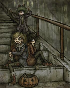 3girls absurdres adoptive_siblings batman_(series) batman_symbol black_hair black_socks blonde_hair blue_eyes breasts clown coco_schoppenboer collar commentary cosplay dancing dc_comics english_commentary facepaint green_hair green_shirt hair_bun hair_over_one_eye halloween halloween_bucket halloween_costume harley_quinn harley_quinn_(cosplay) highres hood hoodie jack-o&#039;-lantern jacket joker_(2019) joker_(dc)_(cosplay) long_sleeves looking_at_viewer makeup maya_schoppenboer medicine_bottle mitchelf multiple_girls mymy_schoppenboer one_eye_closed ongezellig pants pantyhose purple_jacket red_shoes shirt shoes short_hair siblings sisters smile socks stairs the_joker untied_shoelaces white_collar yellow_eyes