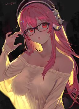 Rule 34 | 1girl, absurdres, bare shoulders, black background, breasts, collarbone, elfe art, glasses, hair between eyes, headphones, highres, large breasts, long sleeves, looking at viewer, nitroplus, open mouth, pink hair, red eyes, see-through clothes, see-through shirt, shirt, solo, super sonico, white shirt