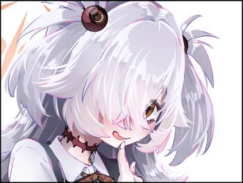 1girl black_eyes blue_archive blush bright_pupils brown_eyes brown_ribbon collared_shirt commentary eyeball_hair_ornament finger_to_mouth grey_hair hair_intakes hair_over_one_eye halo hand_up highres index_finger_raised kanoe_(blue_archive) long_hair looking_at_viewer multicolored_eyes nakamobu neck_ribbon one_eye_covered open_mouth orange_halo portrait ribbon school_uniform shirt simple_background smile solo spiked_hair symbol-only_commentary textless_version two-tone_eyes two_side_up white_background white_pupils white_shirt