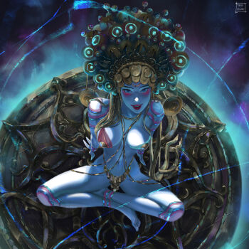 1girl arm_support barefoot blonde_hair blue_eyes blue_skin breasts colored_skin commentary english_commentary fantasy from_above highres jewelry large_breasts long_hair looking_at_viewer looking_up narrow_waist navel open_mouth original overexposure paid_reward_available red_lips smile solo tatti_art variant_set