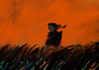 Rule 34 | 1girl, abstract, akino suzume, commentary request, expressionless, facing ahead, grass, highres, impressionism, muted color, orange sky, orange theme, original, sky, solo, standing, upper body, wide shot