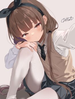 1girl absurdres black_skirt blush bow brown_eyes brown_hair brown_vest hair_bow hairband hand_on_own_knee highres ikuma_yamashita necktie original pantyhose school_uniform signature skirt vest white_pantyhose