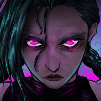 1girl absurdres arcane:_league_of_legends arcane_jinx asymmetrical_bangs bare_shoulders black_vest blue_hair braid close-up closed_mouth dreadlocks highres jinx_(league_of_legends) league_of_legends long_hair looking_at_viewer loose_hair_strand maccarellidavide pink_eyes simple_background solo twin_braids vest