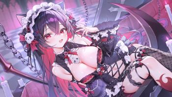 1girl alllisso black_hair bow breasts candle chain cleavage demon_girl fishnets frills hair_bow highres horns long_hair maid multicolored_hair red_eyes scythe skull strap thighhighs two-tone_hair