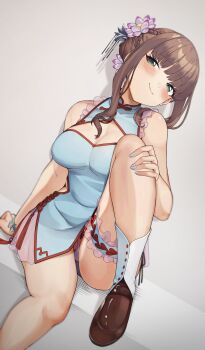 Rule 34 | 1girl, absurdres, blue dress, breasts, brown hair, china dress, chinese clothes, cleavage, commission, dress, flower, green eyes, gridman universe, gridman universe (movie), hair flower, hair ornament, highres, looking at viewer, medium breasts, minami yume, panties, pixiv commission, purple panties, r-man, short dress, sleeveless, sleeveless dress, smile, solo, ssss.dynazenon, thigh strap, underwear