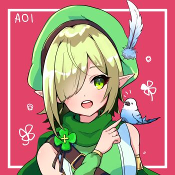 Rule 34 | 1girl, :d, akane (akane112234), animal, animal on shoulder, aoi (princess connect!), bare shoulders, bird, bird on shoulder, blunt bangs, commentary, dot nose, green eyes, green hair, green hat, green scarf, green shirt, hair over one eye, hat, hat feather, highres, index finger raised, inset border, looking at viewer, open mouth, pink background, pointy ears, portrait, princess connect!, scarf, shirt, short hair, sidelocks, sleeveless, sleeveless shirt, smile, solo, teeth, upper teeth only
