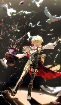 1boy absurdres armpits bird black_boots black_shorts blonde_hair boots closed_mouth detached_sleeves dress_shirt full_body garter_straps genshin_impact hat highres knee_boots lyney_(genshin_impact) magic male_focus mochi_upamo profile shirt short_hair short_shorts shorts smile solo stage top_hat underbust white_shirt white_sleeves