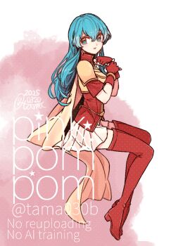 1girl 2025 armor blue_eyes blue_hair boots bracelet cape dress_shirt eirika_(fire_emblem) fingerless_gloves fire_emblem fire_emblem:_the_sacred_stones from_side full_body gloves hair_between_eyes highres invisible_chair jewelry leather_armor long_hair looking_at_viewer miniskirt nintendo pleated_skirt red_boots red_gloves red_shirt sayu030b shirt short_sleeves shoulder_armor sitting skirt solo straight_hair thigh_boots thighhighs thighs twitter_username watermark white_skirt yellow_cape zettai_ryouiki