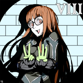 10s 1girl club3 female_focus glasses gloves headphones long_hair looking_at_viewer oracle_(persona_5) orange_hair persona persona_5 sakura_futaba smile solo v wall