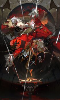 0212tu 1boy ascot belt black_belt blood blood_from_mouth blood_on_clothes book capelet clothing_request coat cross eye_mask eyeball fire floating_clothes flower frilled_sleeves frills gem gloves guro half_eye_mask hand_eye highres identity_v injury looking_to_the_side makeup male_focus mask multiple_swords open_book partially_shaded_face red_capelet red_coat red_eyes red_gemstone runny_makeup smile snake stab surreal victor_grantz victor_grantz_(the_embrace) white_ascot white_gloves white_hair