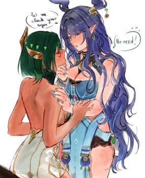 2girls antlers blue_dress blue_nails blush breasts cleavage commentary dress earrings english_commentary english_text flying_sweatdrops genshin_impact green_hair hand_on_another&#039;s_face hand_on_another&#039;s_shoulder highres holding_another&#039;s_arm horns jewelry lauma_(genshin_impact) long_hair multiple_girls nefer_(genshin_impact) parted_lips peatchoune pointy_ears purple_hair simple_background speech_bubble white_background yuri