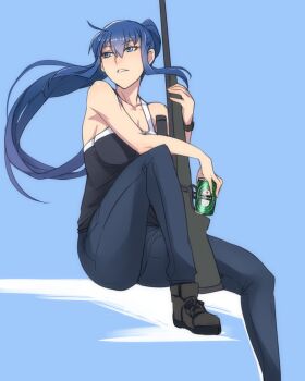 10s 1girl ban!_(bansankan) beer_can blue_eyes blue_hair bolt_action boots breasts can cleavage denim drink_can female_focus grisaia_(series) grisaia_no_rakuen gun highres jeans knee_up kusakabe_asako long_hair matching_hair/eyes medium_breasts pants parted_lips ponytail rifle scope sitting sniper sniper_rifle solo weapon