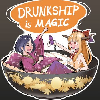 2girls =_= @_@ absurdres antenna_hair arm_up belt blonde_hair blue_hair blunt_bangs blush bow bowl brown_background brown_belt brown_trim chain clenched_hand closed_eyes cuffs cup cushion drooling drunk english_text frilled_wrist_cuffs frills gourd hair_bow hashtag-only_commentary highres holding holding_cup holding_gourd horn_ornament horn_ribbon horns ibuki_suika in_bowl in_container japanese_clothes kimono knee_up leaf_print long_hair long_skirt long_sleeves multiple_girls neckerchief nose_blush oni open_mouth outline parted_bangs purple_kimono purple_ribbon purple_skirt raised_fist red_bow red_eyes red_neckerchief ribbon shackles shirt short_hair sitting size_difference skirt sleeveless sleeveless_shirt smile sukuna_shinmyoumaru touhou v-shaped_eyebrows white_outline white_ribbon white_shirt wide_sleeves wrist_cuffs wwo3302 yellow_trim